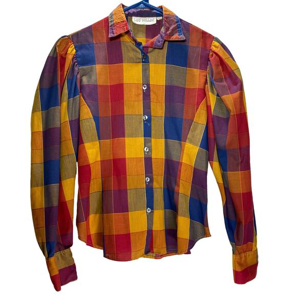 Ted Sollod Checked Plaid Blouse Size Small Juliet Sleeve Fitted Bodice Retro - Picture 1 of 6